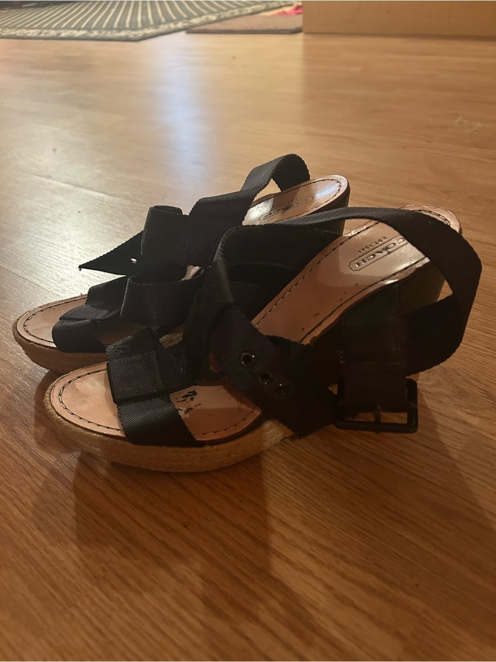 Coach Black Strappy Wedge Sandals